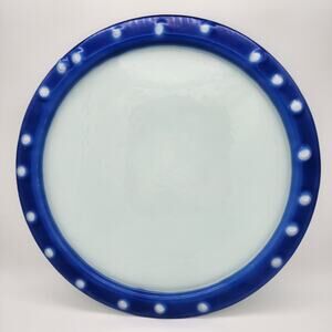 Vietri Large Glass Platter Blue Hobnob Border Round Italy Polka Dots MCM 15.5"